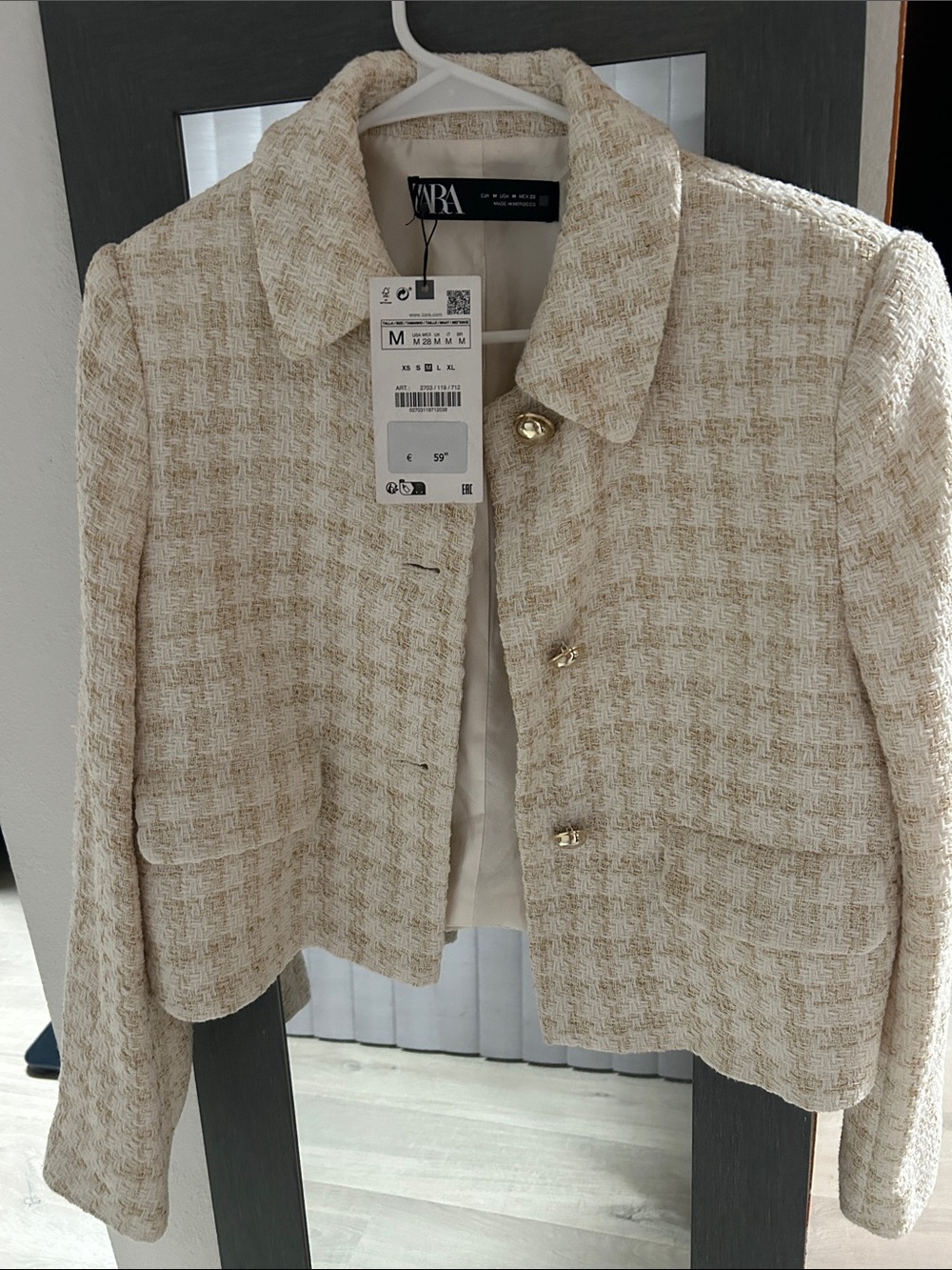 Zara Cream Bouclé Cropped Blazer with Gold Buttons